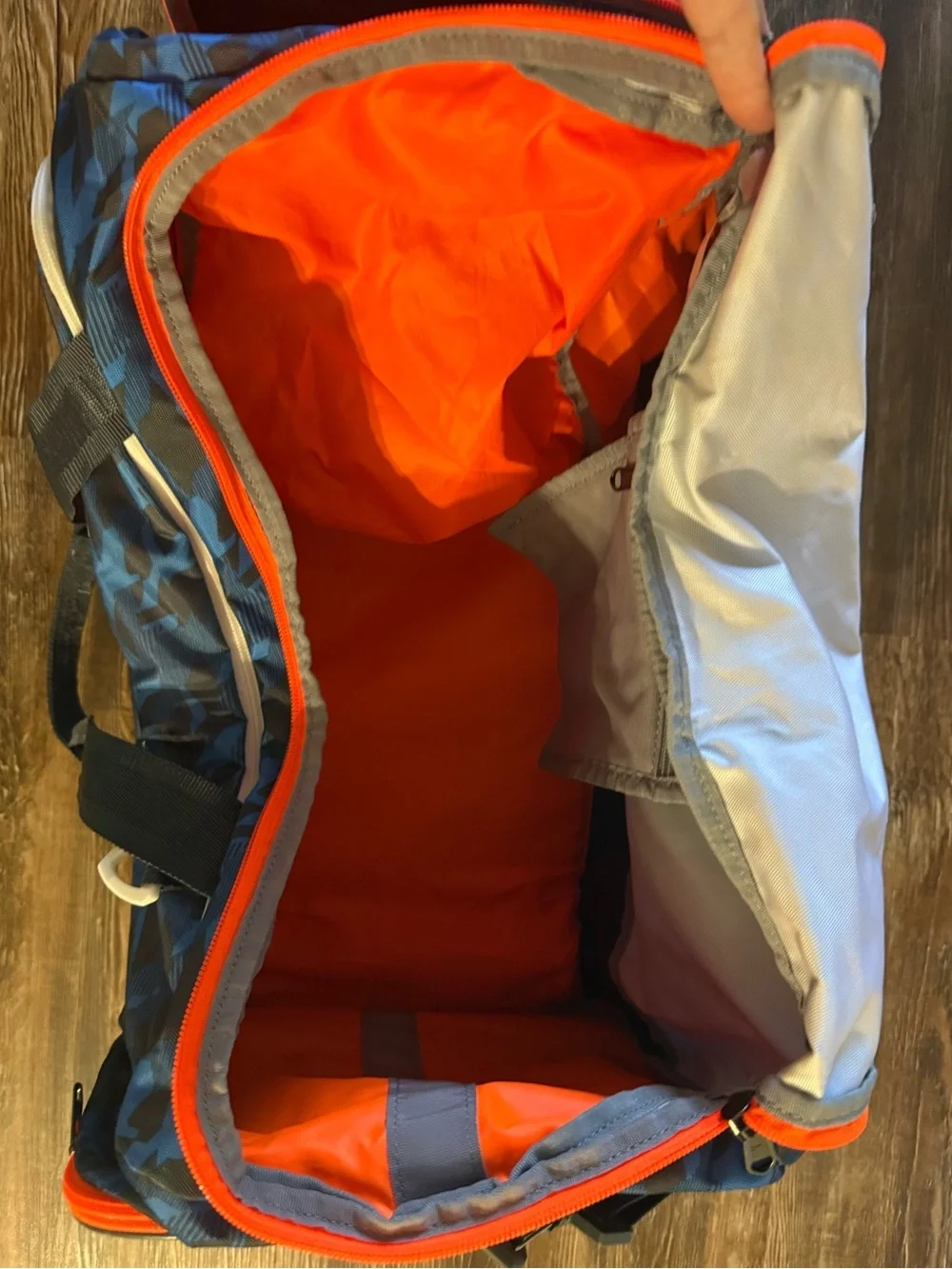 Under Armour Blue Camo Duffel with Bright Orange Logo